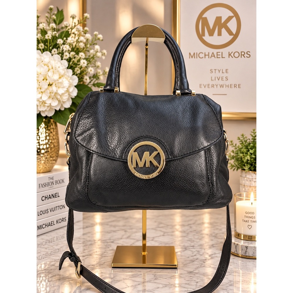 Michael Kors Black Pebbled Leather Satchel Gold MK Medallion Crossbody Bag